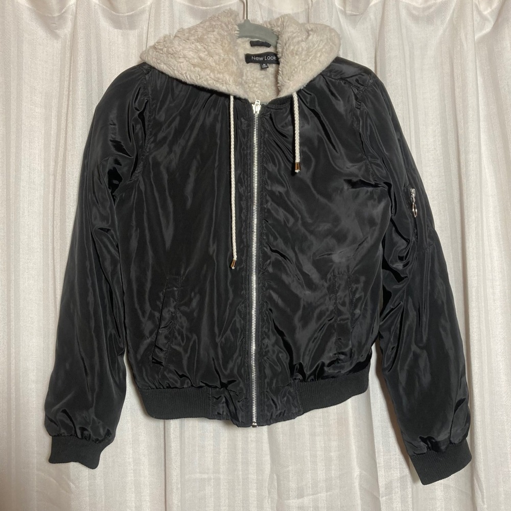 Black Hooded Bomber Jacket Faux Fur Lined Sherpa Flight‎ Coat New Look Womens M